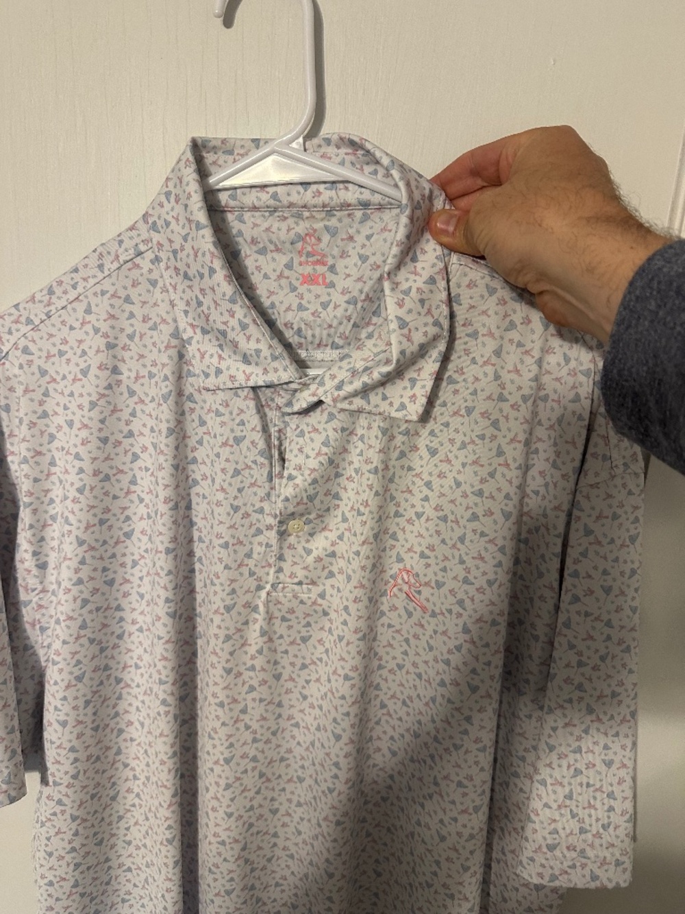 Rhoback 2XL polo white with pink and blue nets and birds